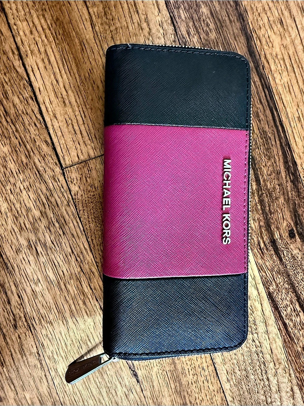 Michael Kors Color Block Zip Wallet in Black & Pink